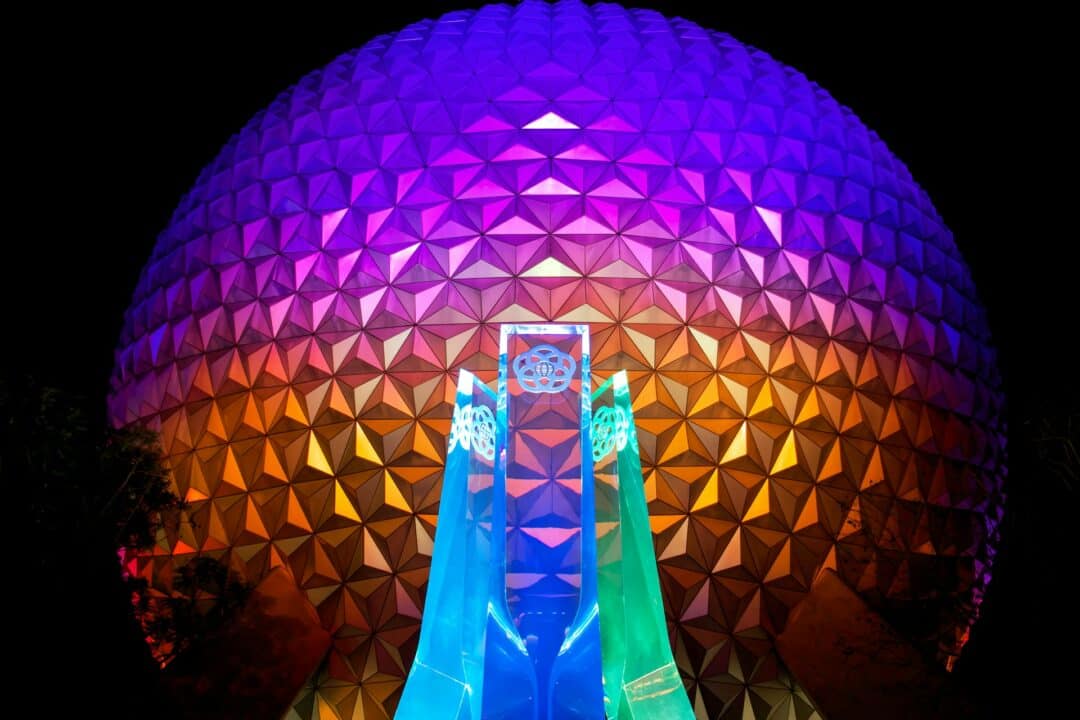 Spaceship Earth Rainbow A rainbow gradient of lights illuminate Spaceship Earth at Epcot.