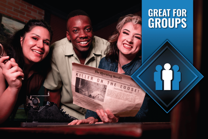 Great For Groups At The Escape Effect A photo and stripe representing Escape Effect games are great for groups.
