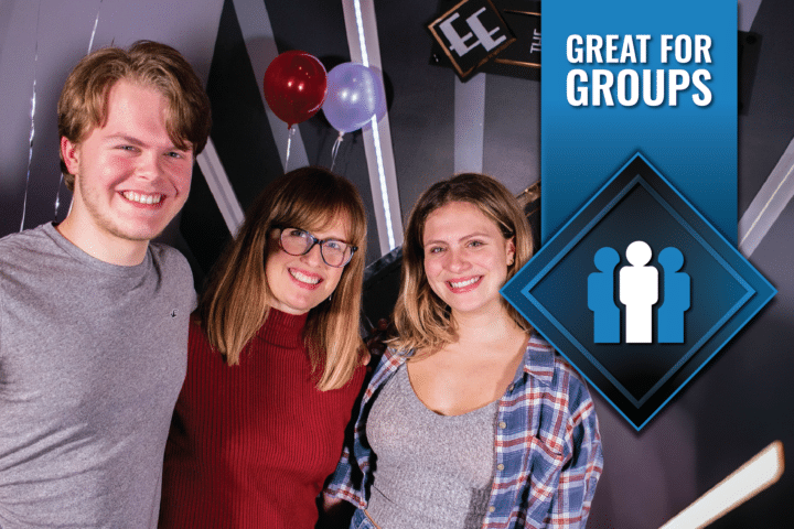 Great For Groups At The Escape Effect A photo and stripe representing Escape Effect games are great for groups.
