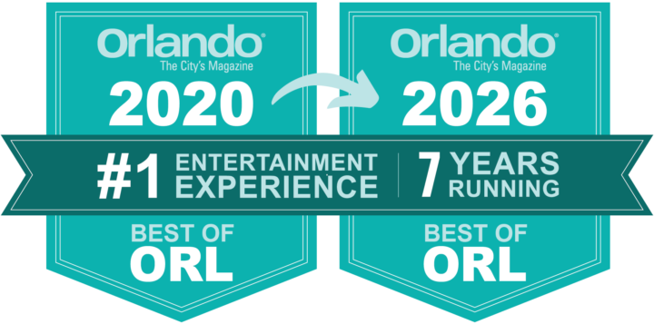 7 Years Running Teal Shields Two shields showing that The Escape Effect has won Orlando's Best Entertainment Experience seven years in a row.