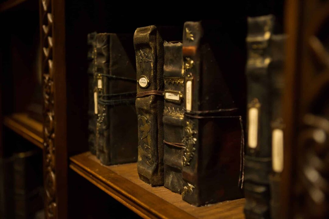 The Library Sherlock's volumes sitting on his bookshelf.