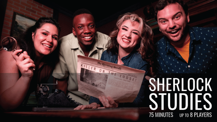 Sherlock Studies 75 Minute Game for up to 8 Players displayed on a photograph of players holding up a newspaper.
