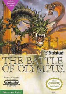 The box cover art for the NES game "The Battle Of Olympus".