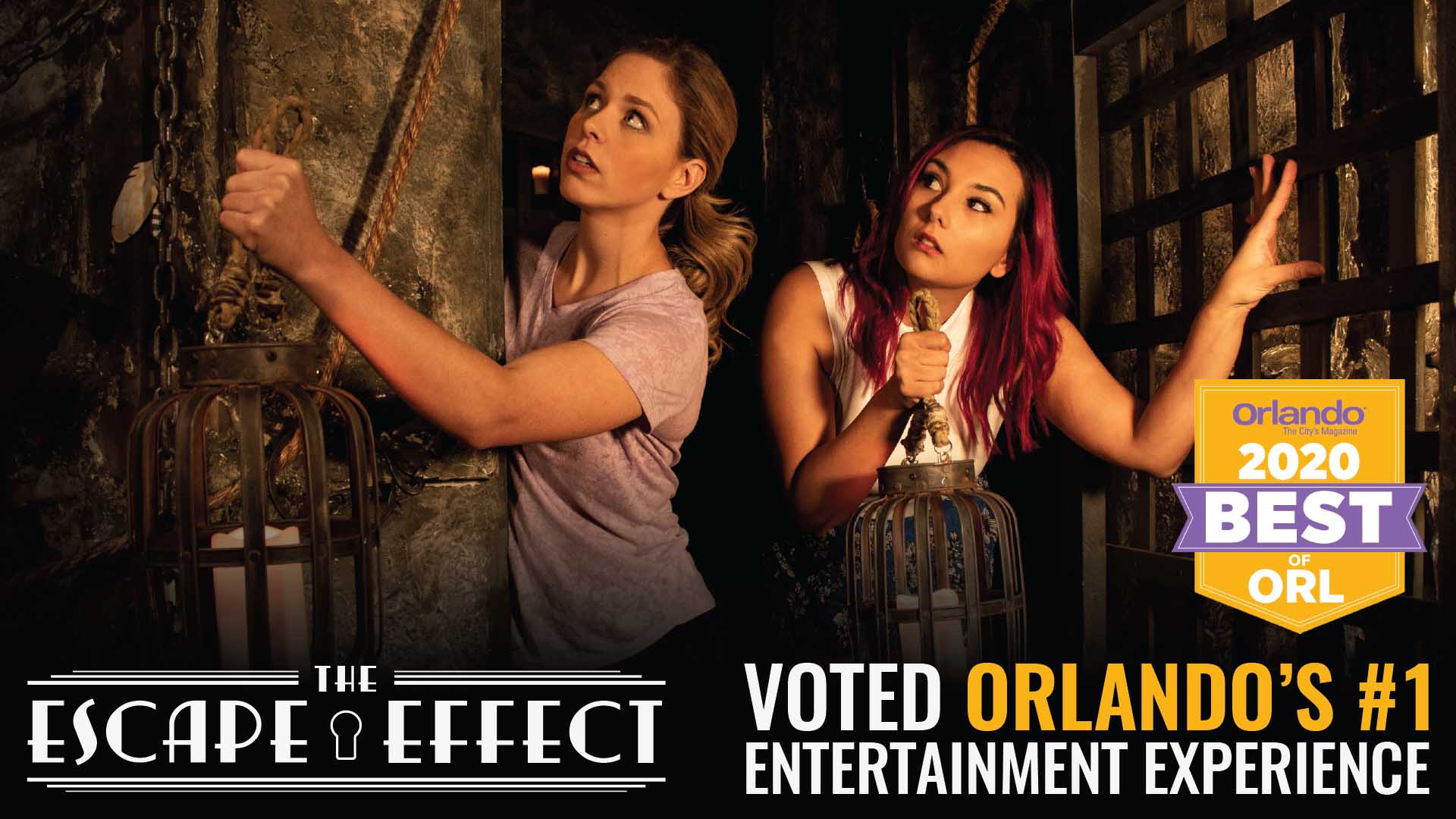 Two female players walking cautiously into a dungeon from A Knight To Escape. Overlay text calls out that The Escape Effect is voted Orlando's #1 Entertainment Experience.