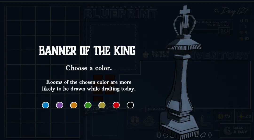 A screenshot from the video game Blue Prince showing the Banner of the King, a mechanic which makes a particular room color more common.