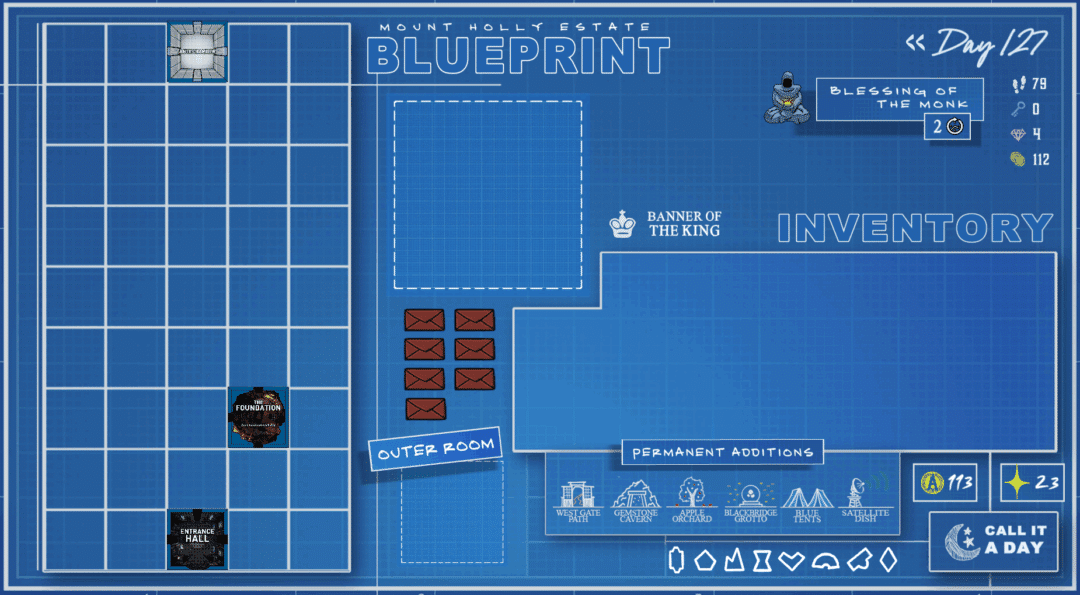 A screenshot from the video game Blue Prince showing the Mount Holly Estate Blueprint with all the late game features unlocked.