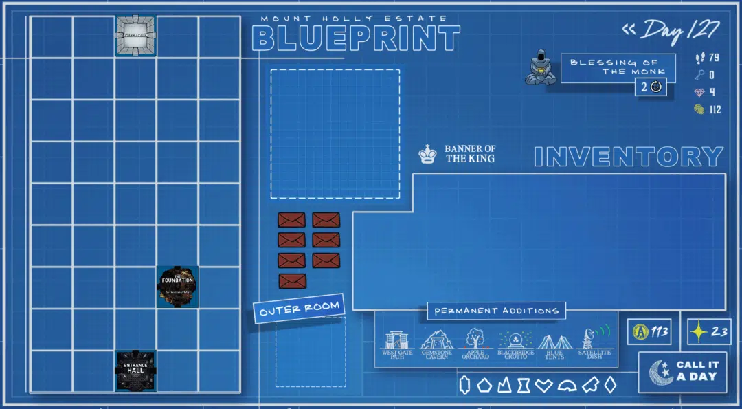 A screenshot from the video game Blue Prince showing the Mount Holly Estate Blueprint with all the late game features unlocked.