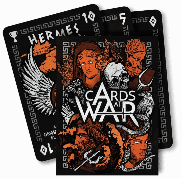 A fan of cards from Battle For Ancient Greece showing the box front and Hermes.