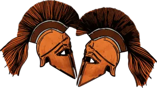 A drawing of two greek helmets facing each other in orange colors.