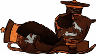 A drawing of two broken urns with Greek illustrations in brown and orange.