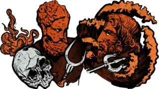 A drawing of Hades and Poseidon facing each other with trident and skull in orange.