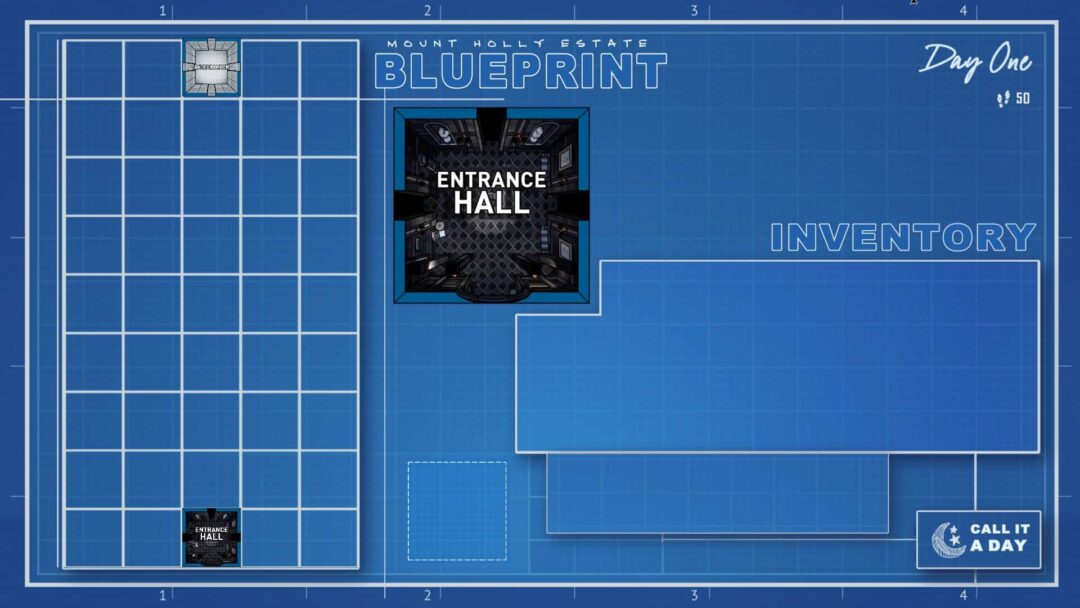 A screenshot from the video game Blue Prince showing the blueprints for the estate.