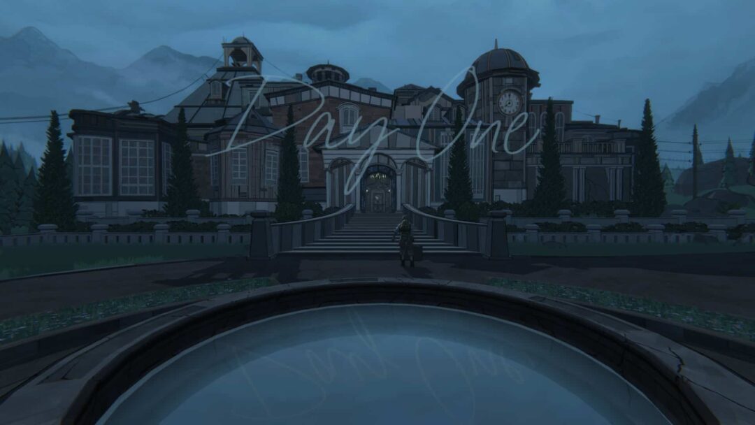 A screenshot from the video game Blue Prince showing the front of the manor and the text "Day One".