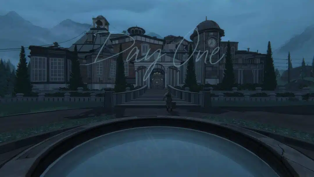 A screenshot from the video game Blue Prince showing the front of the manor and the text "Day One".