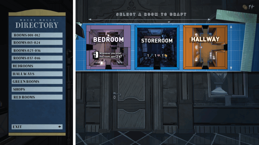 A screenshot from the video game Blue Prince showing the estate directory and different types of rooms