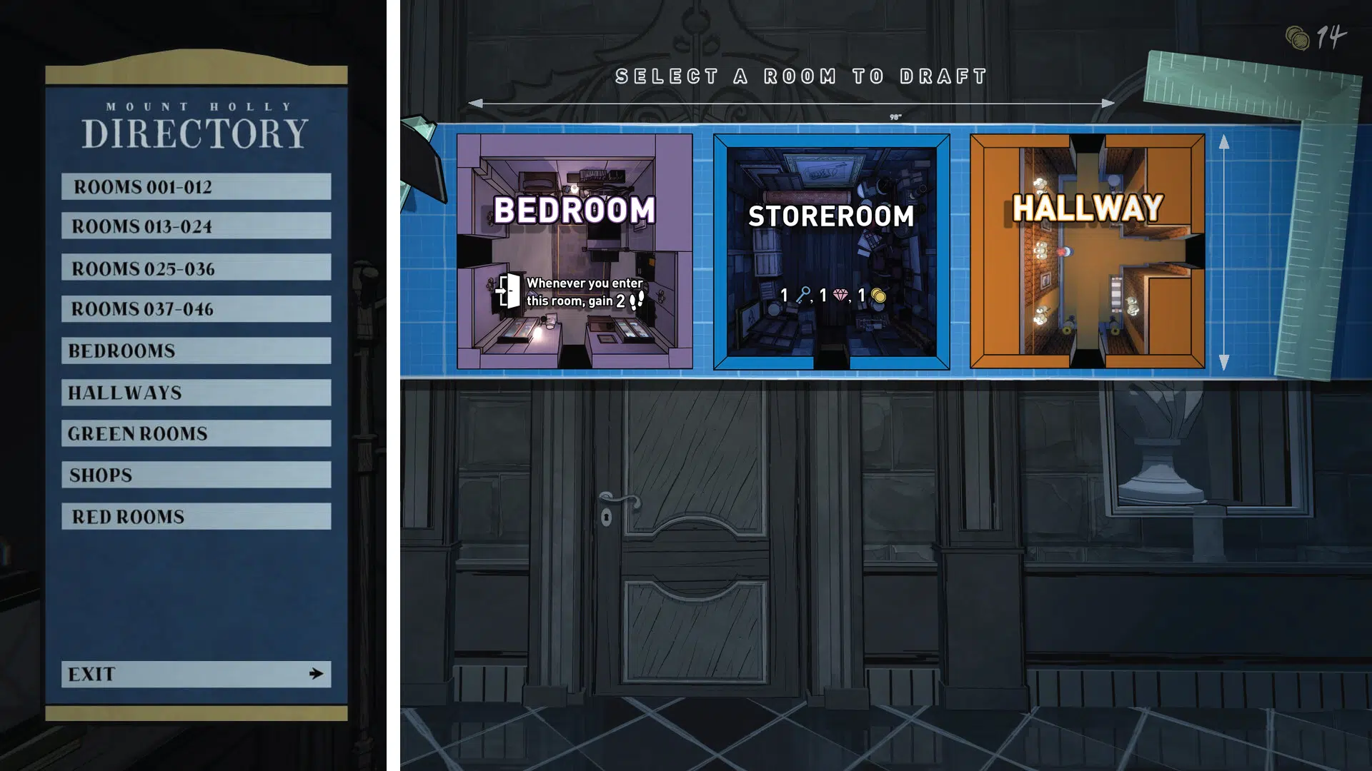 A screenshot from the video game Blue Prince showing the estate directory and different types of rooms