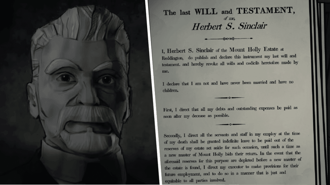 A will and a close up illustration of Herbert from Blue Prince.