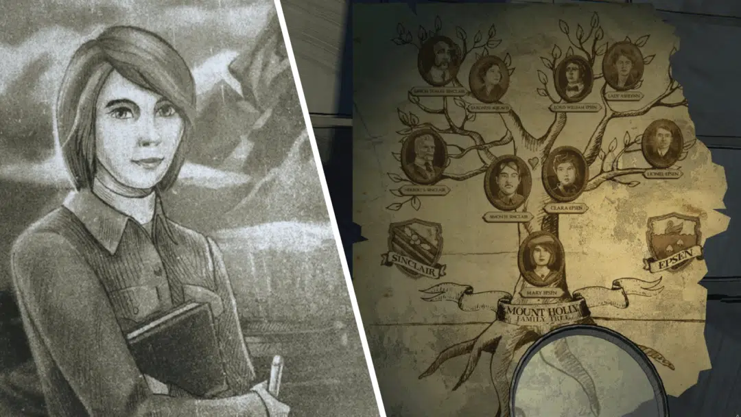 A family tree and a close up illustration of Mary from Blue Prince.