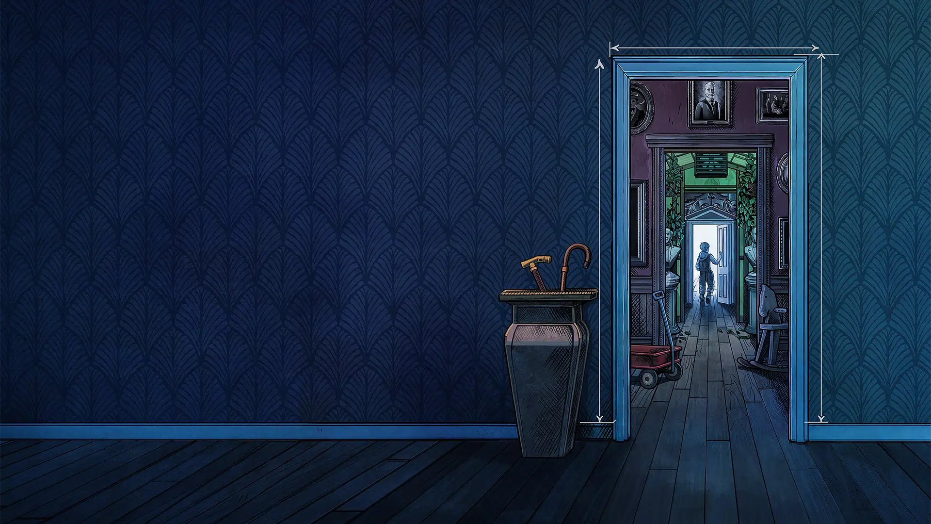 A figure opens the door from inside an illustrated house.