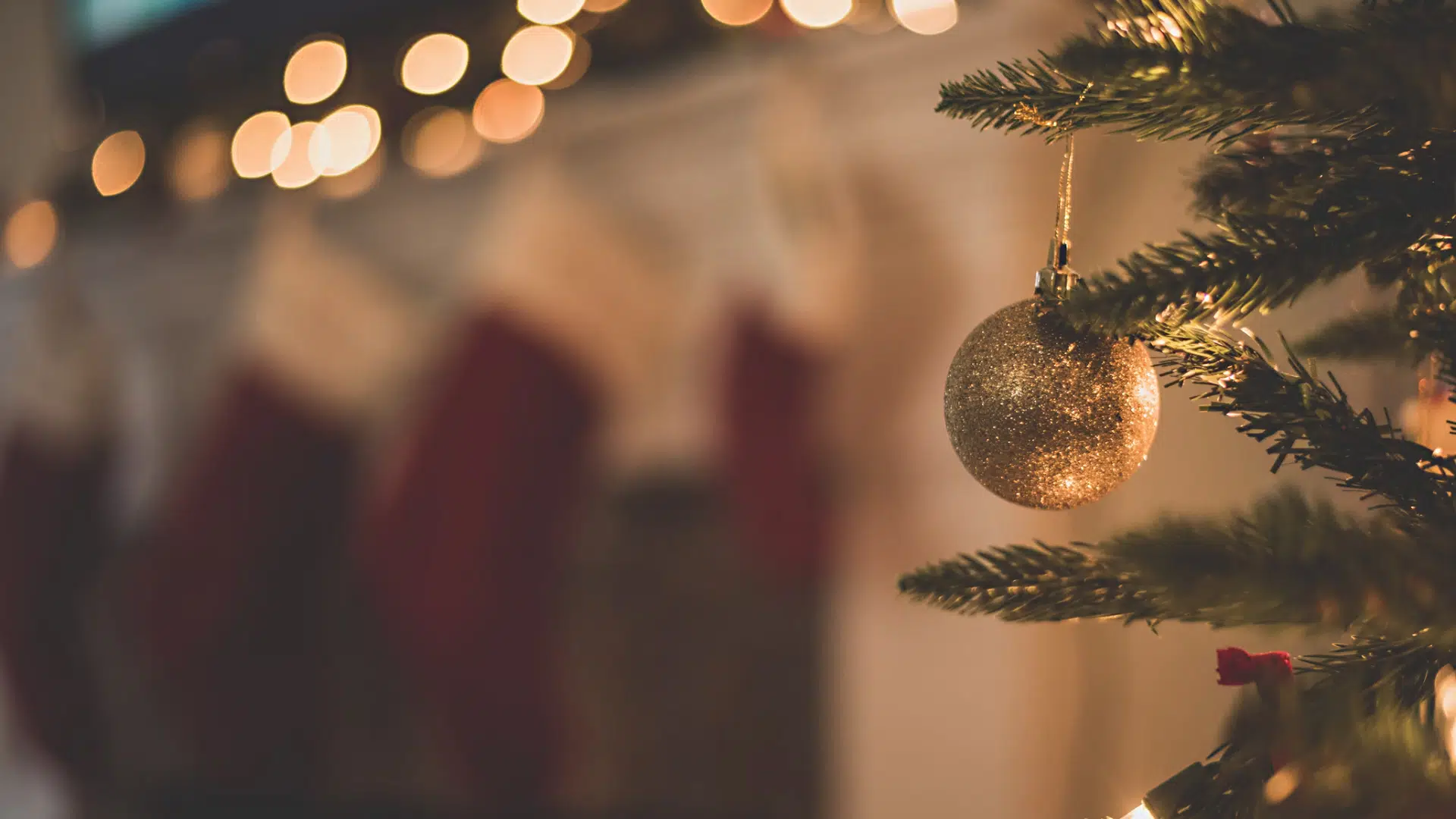 A Christmas tree in front of a festive fireplace.