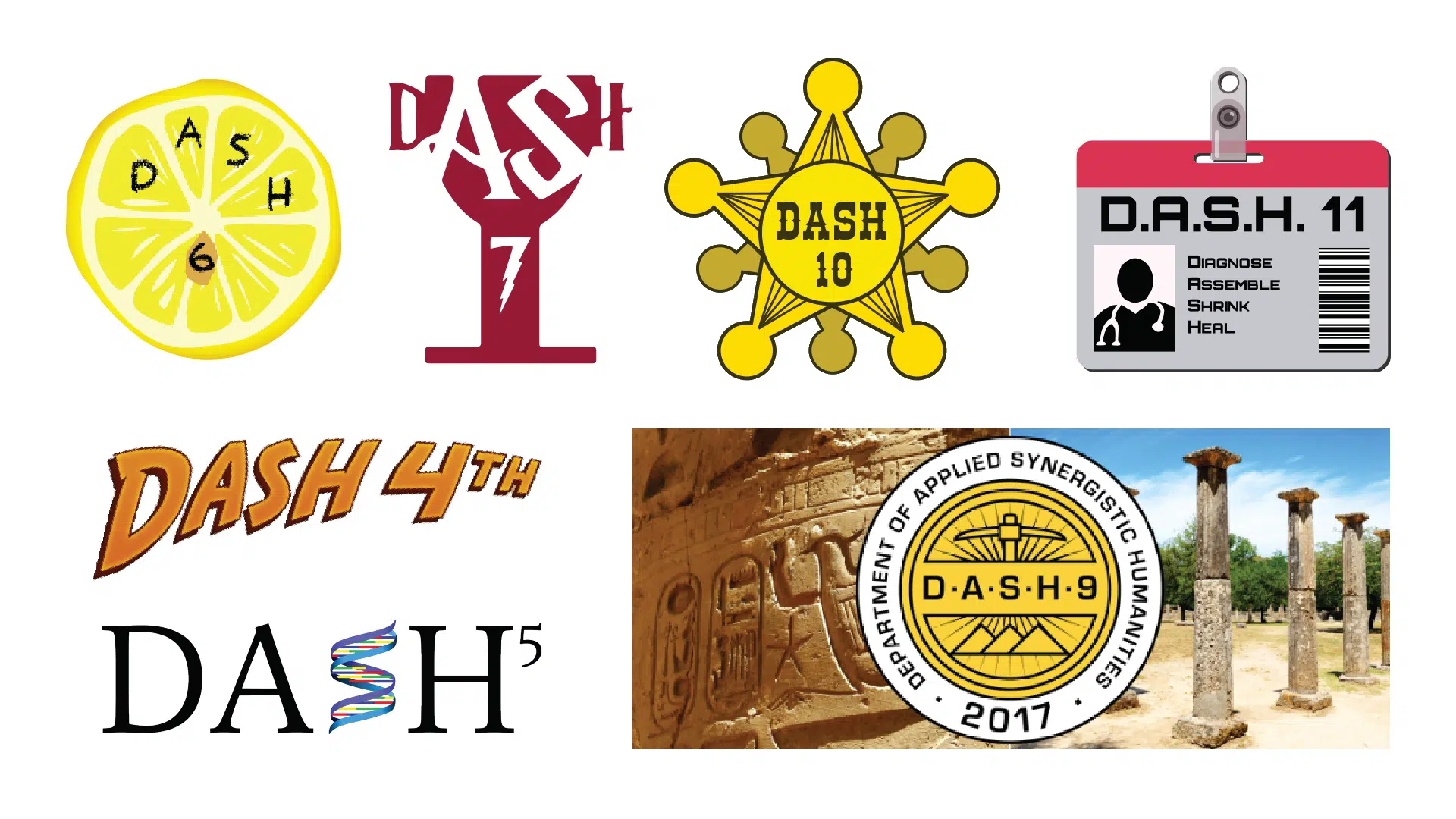 Each of the logo designs for the annual DASH puzzle hunt.