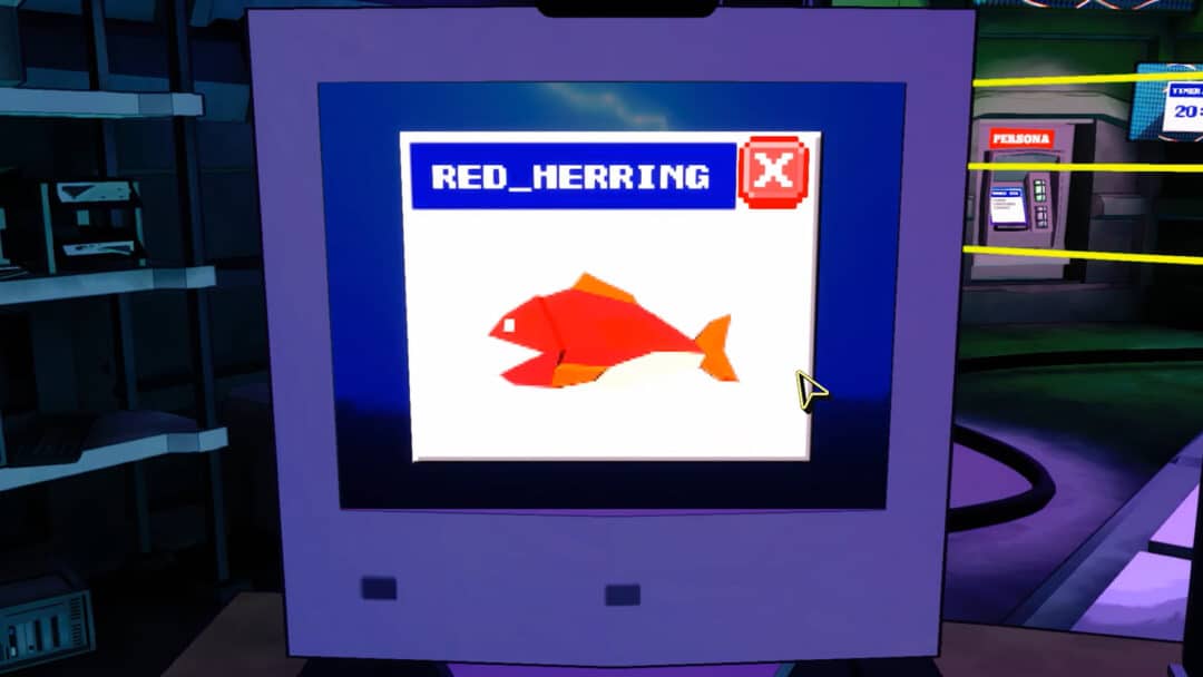 A screenshot from Escape Academy, featuring a computer displaying an image of a red herring.