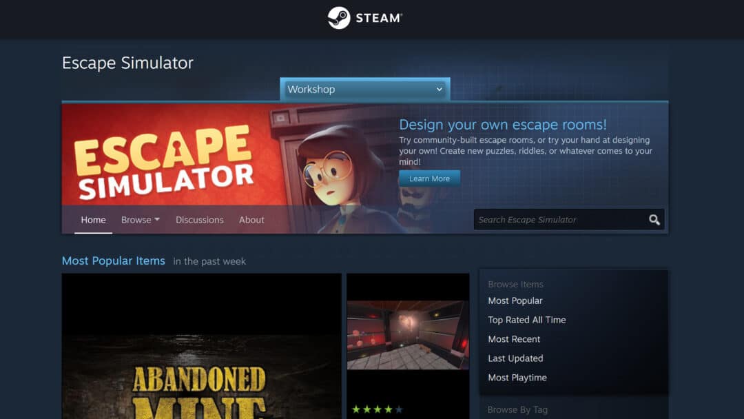 A screenshot of the Workshop page for Escape Simulator on Steam.