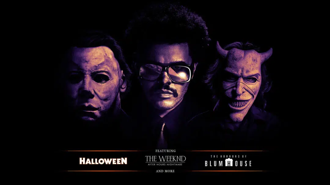 A promotional image for HHN 2022, featuring The Weekend, Michael Myers, and Blumhouse.