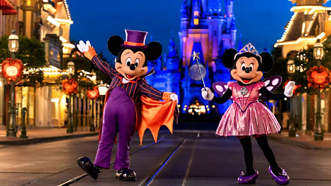 Mickey and Minnie dressed up for Mickey's Not-So-Scary Halloween Party.