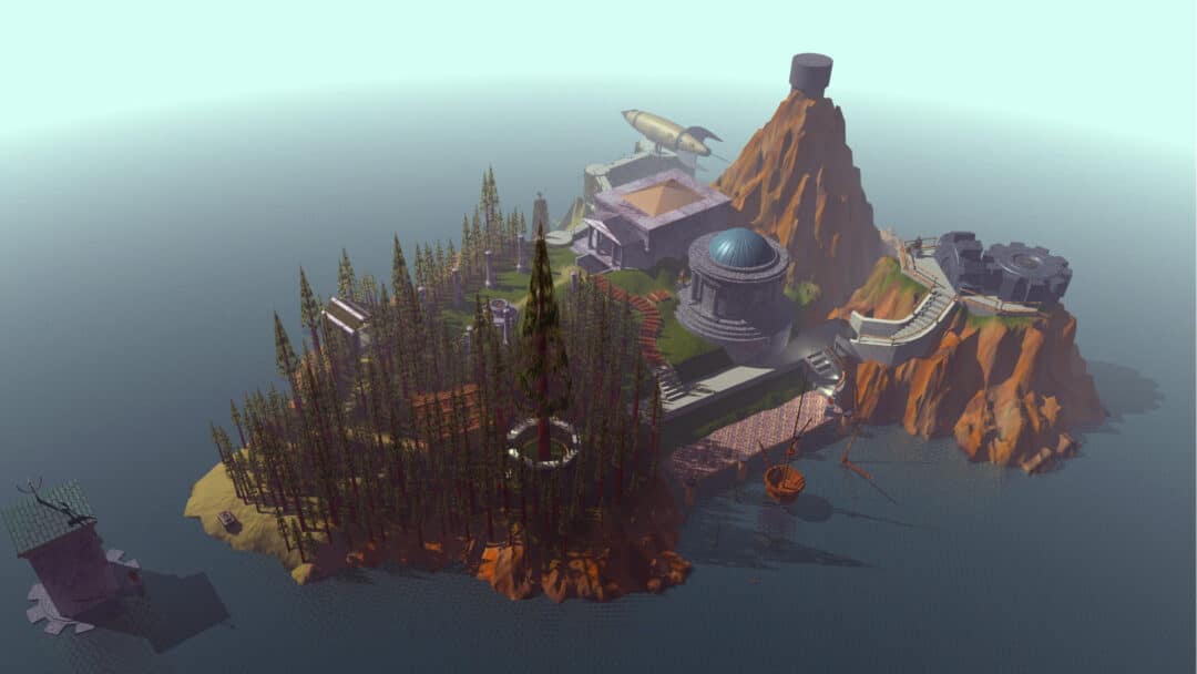 A screenshot of the island from the game, Myst, which plays a big role in the history of escape rooms.