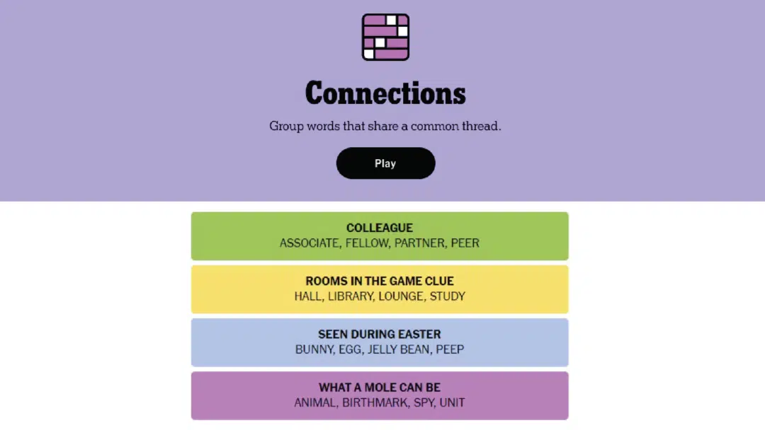 An example of a Connections puzzle from New York Times.