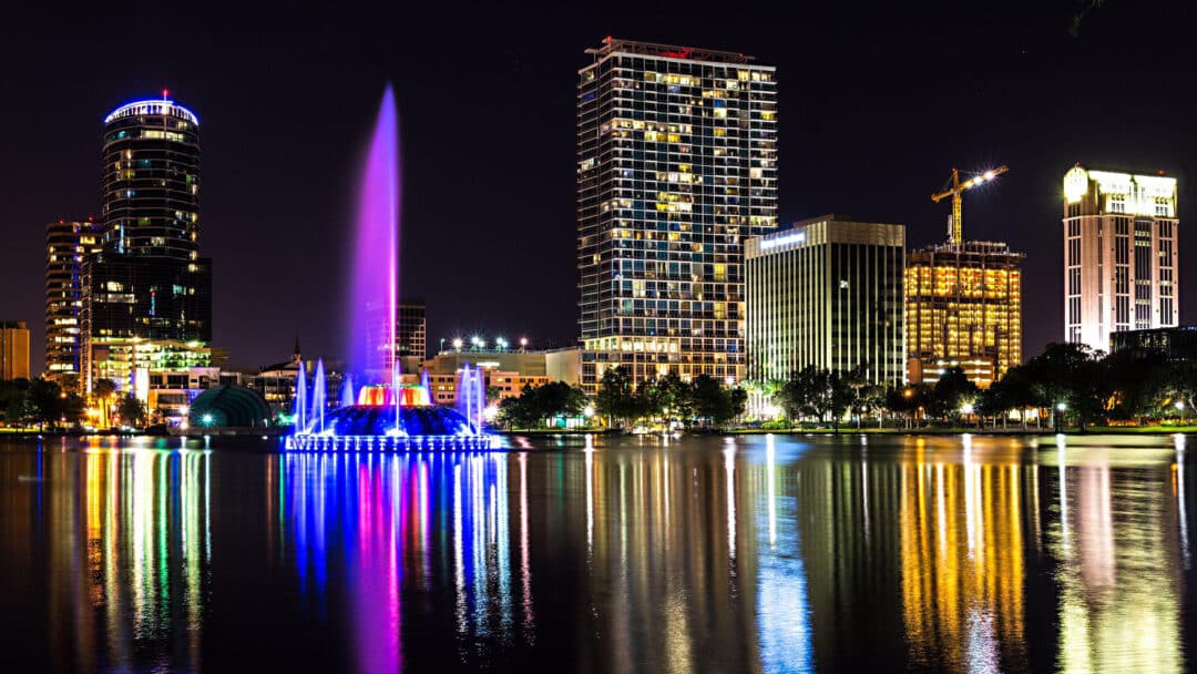 A view of downtown Orlando at nighttime.