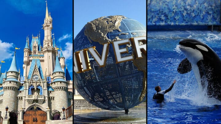 A collage of images from Disney World, Universal Studios, and SeaWorld in Orlando.