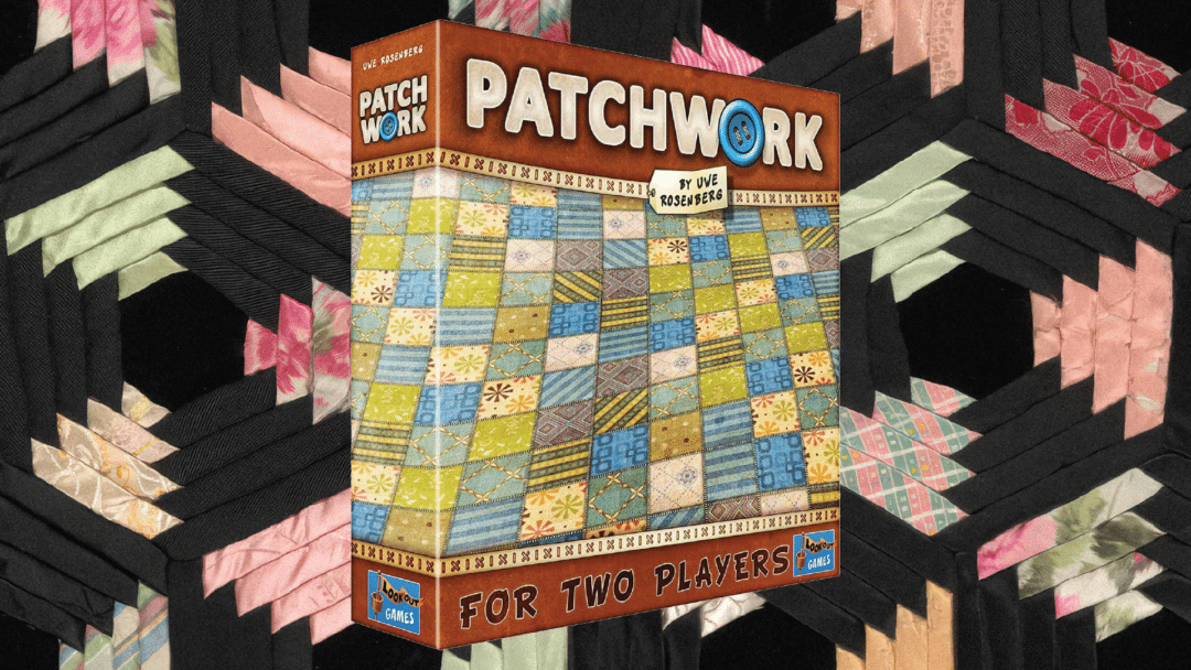 The board game Patchwork, with a patchwork background.