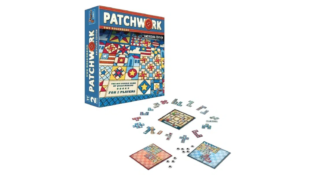 The board game box and contents from Patchwork.
