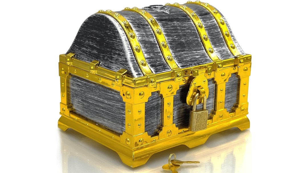 A lockable box in the form of a treasure chest.