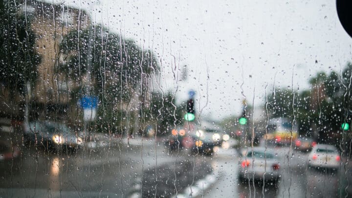 A city street on a rainy day.