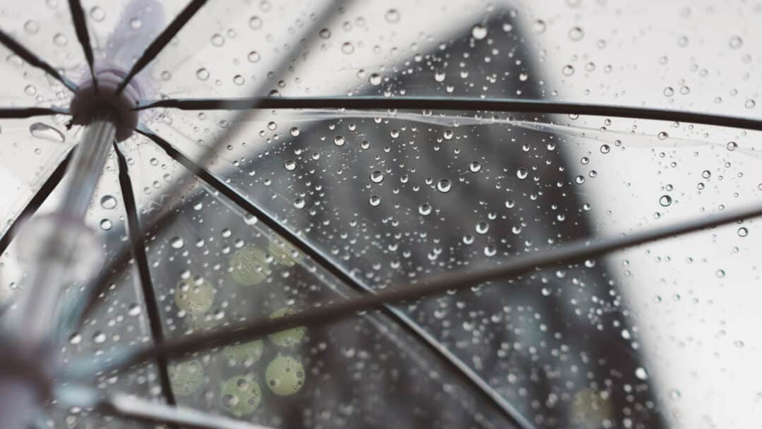 A transparent umbrella on a rainy day.