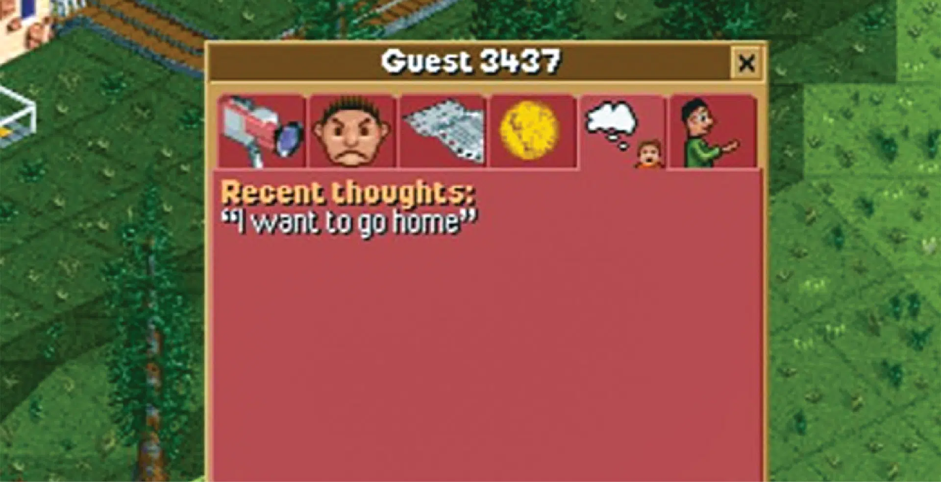 A dialogue box shows an unhappy fictional guest.