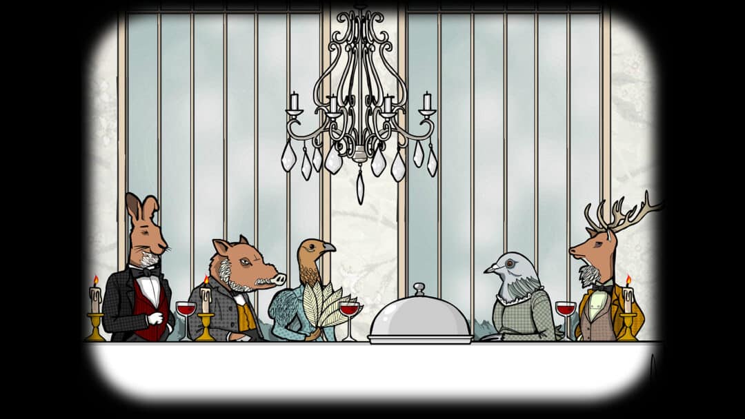 A still from the Rusty Lake Hotel video game, featuring some well-dressed animal characters.