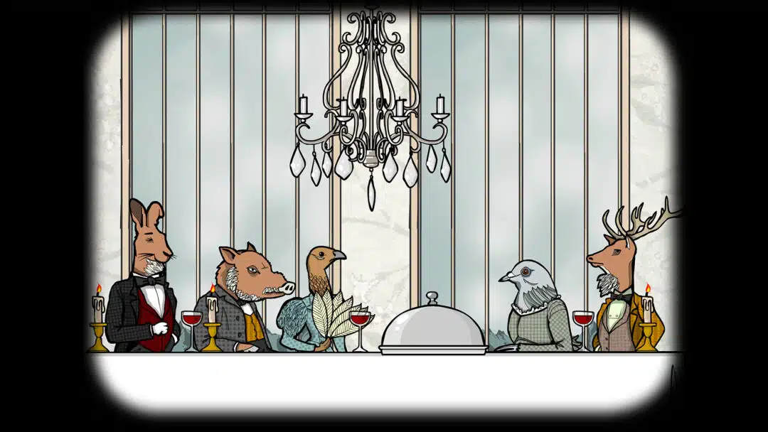 A still from the Rusty Lake Hotel video game, featuring some well-dressed animal characters.