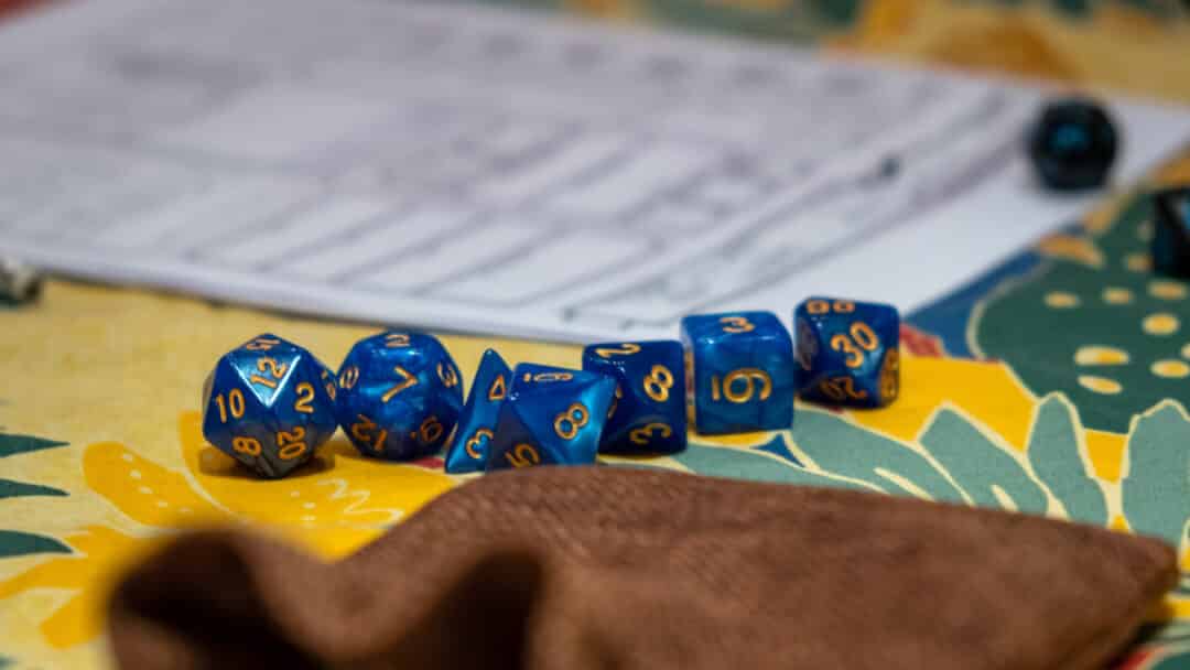 A set of dice on a table for a Dungeons and Dragons game.