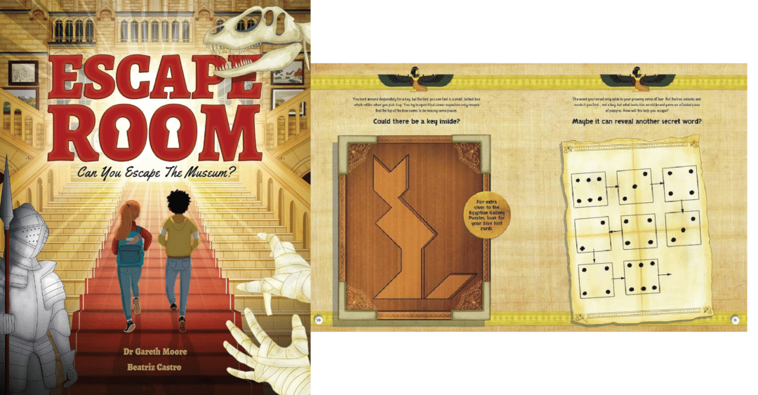 Cover and inside page from an Escape Room Museum kids book.