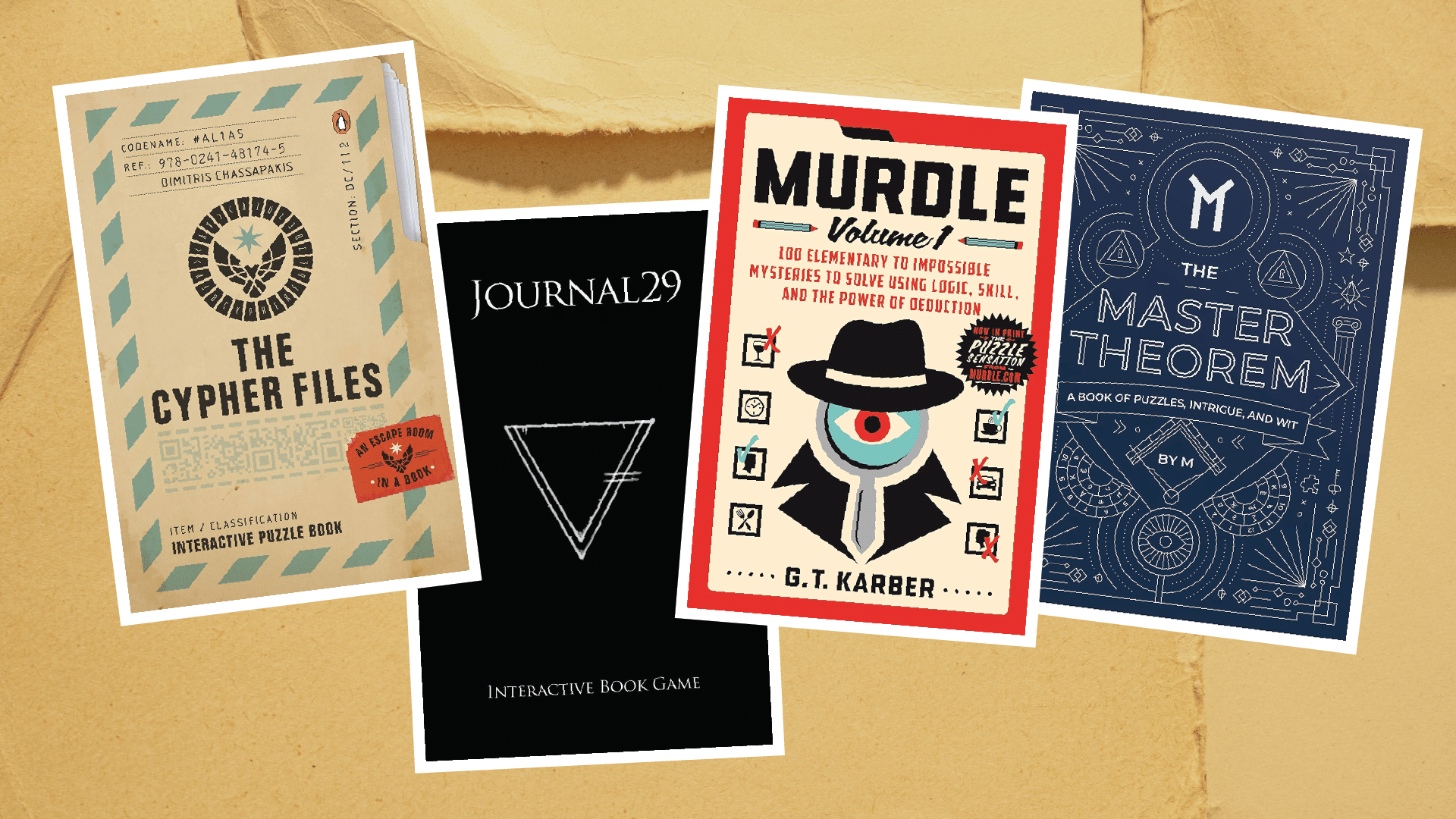 An arrangement of escape room puzzle books.