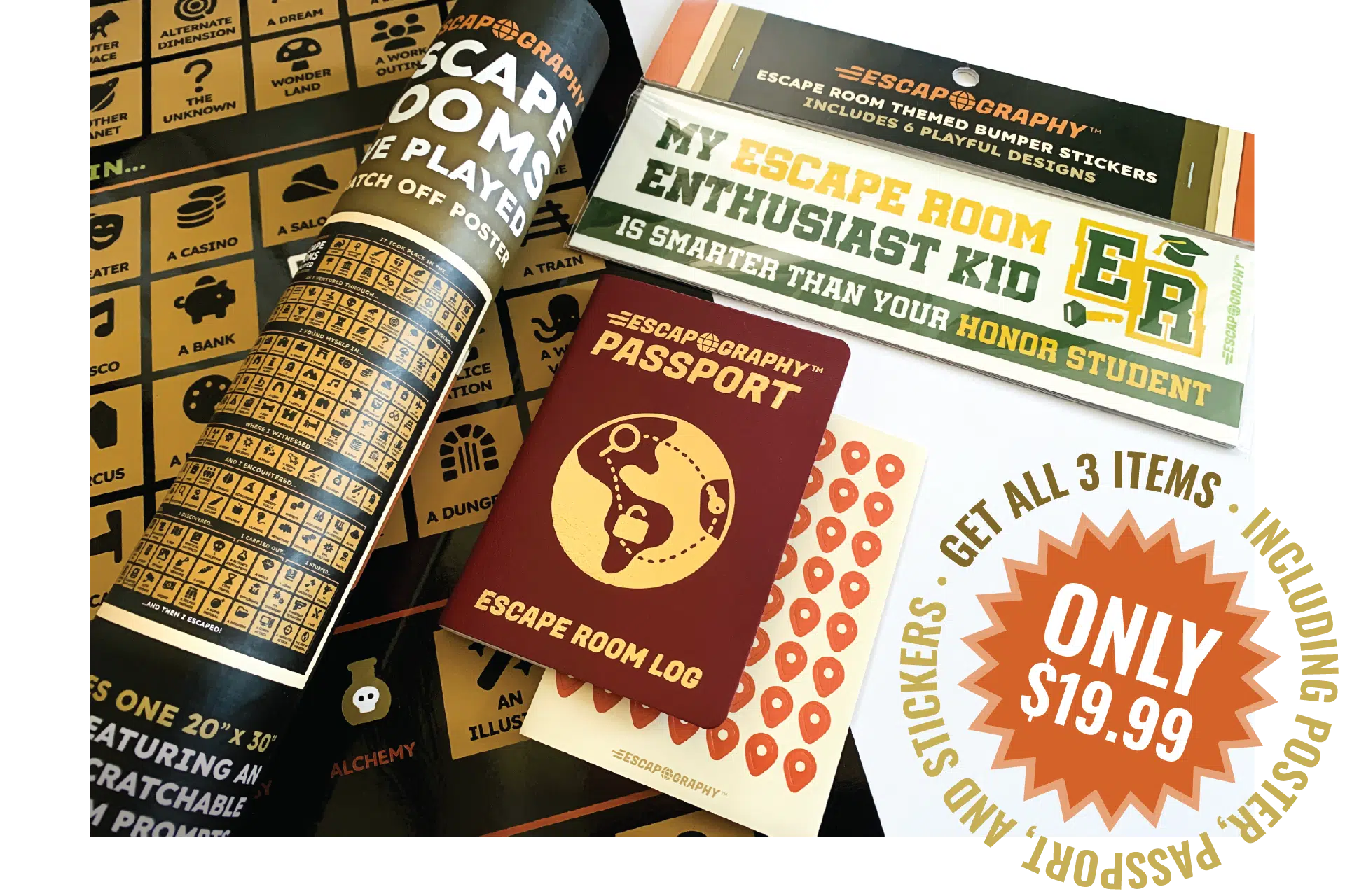 A poster, passport book, and sticker pack together with an offer starburst.