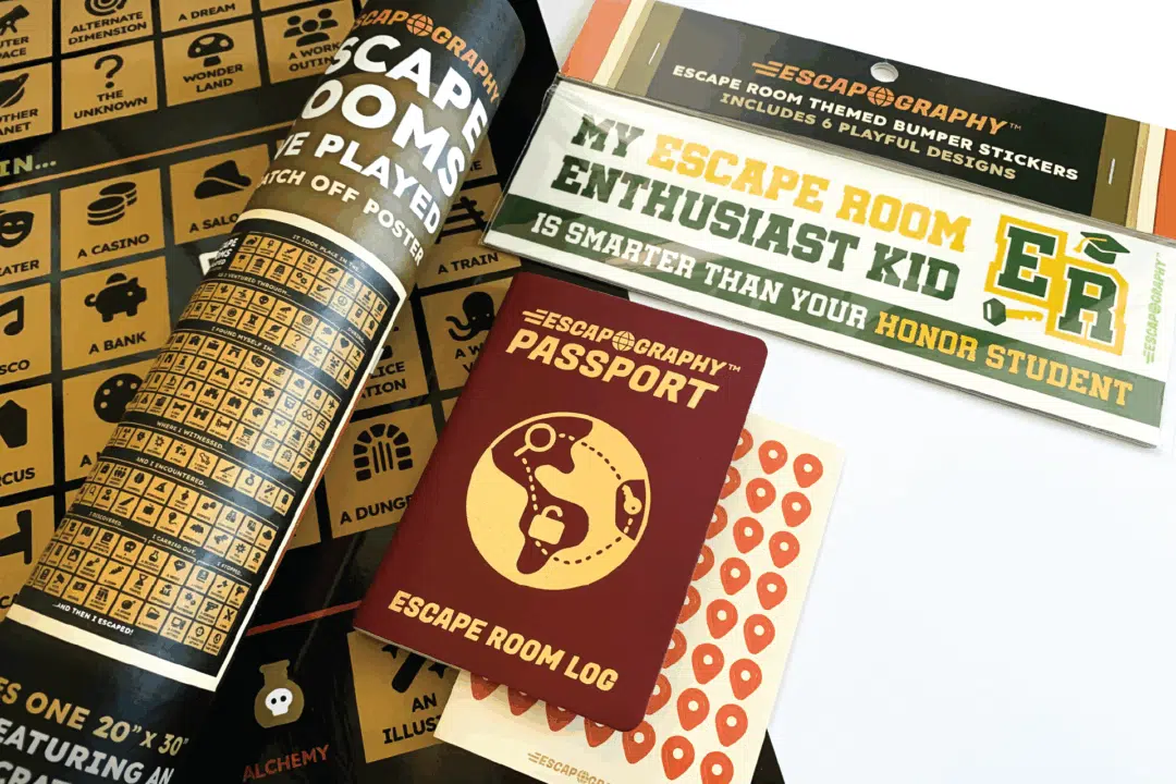 An arrangement of Escapography products, ideal for escape room enthusiasts.