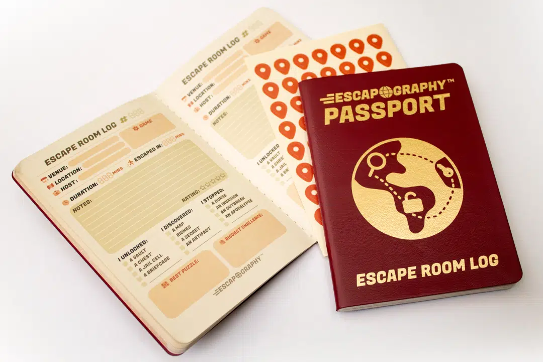 An arrangement including the Escape Room Log Book.