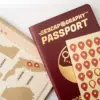 The passport log book, open to a map page with stickers in use.