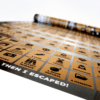A photograph of an escape room poster, featuring scratch off sections for different themes and situations.