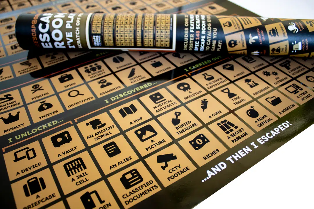 A photograph of an escape room poster, featuring scratch off sections for different themes and situations.